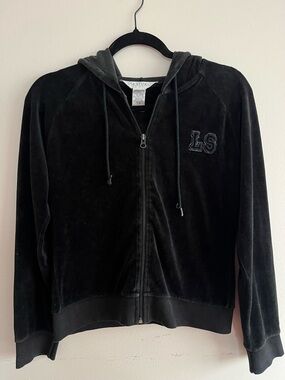 Vintage La Senza Black Velour Zip Hoodie with LS Embroidery